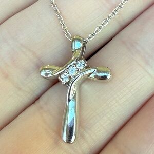 Beautiful Silver Tone Delicate Cross Pendant Necklace with 3 CZ Accents